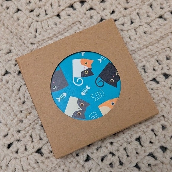 Other - Cat Kitten Round Coaster Set of 4 Blue Purple Cream Multi Pattern New in Box